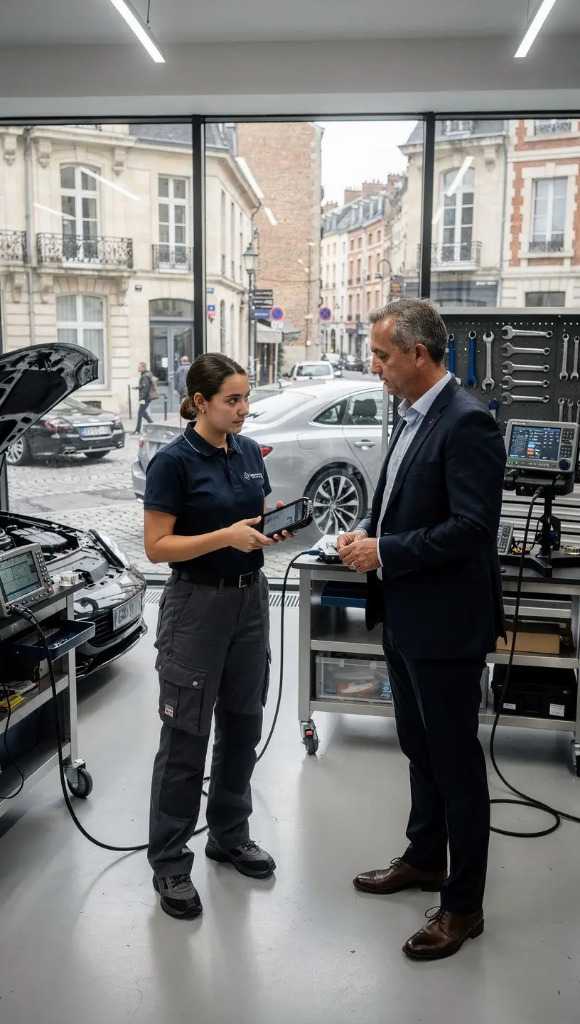 Technicien formé aux dernières technologies automobiles travaillant sur un système électronique complexe d’un véhicule haut de gamme