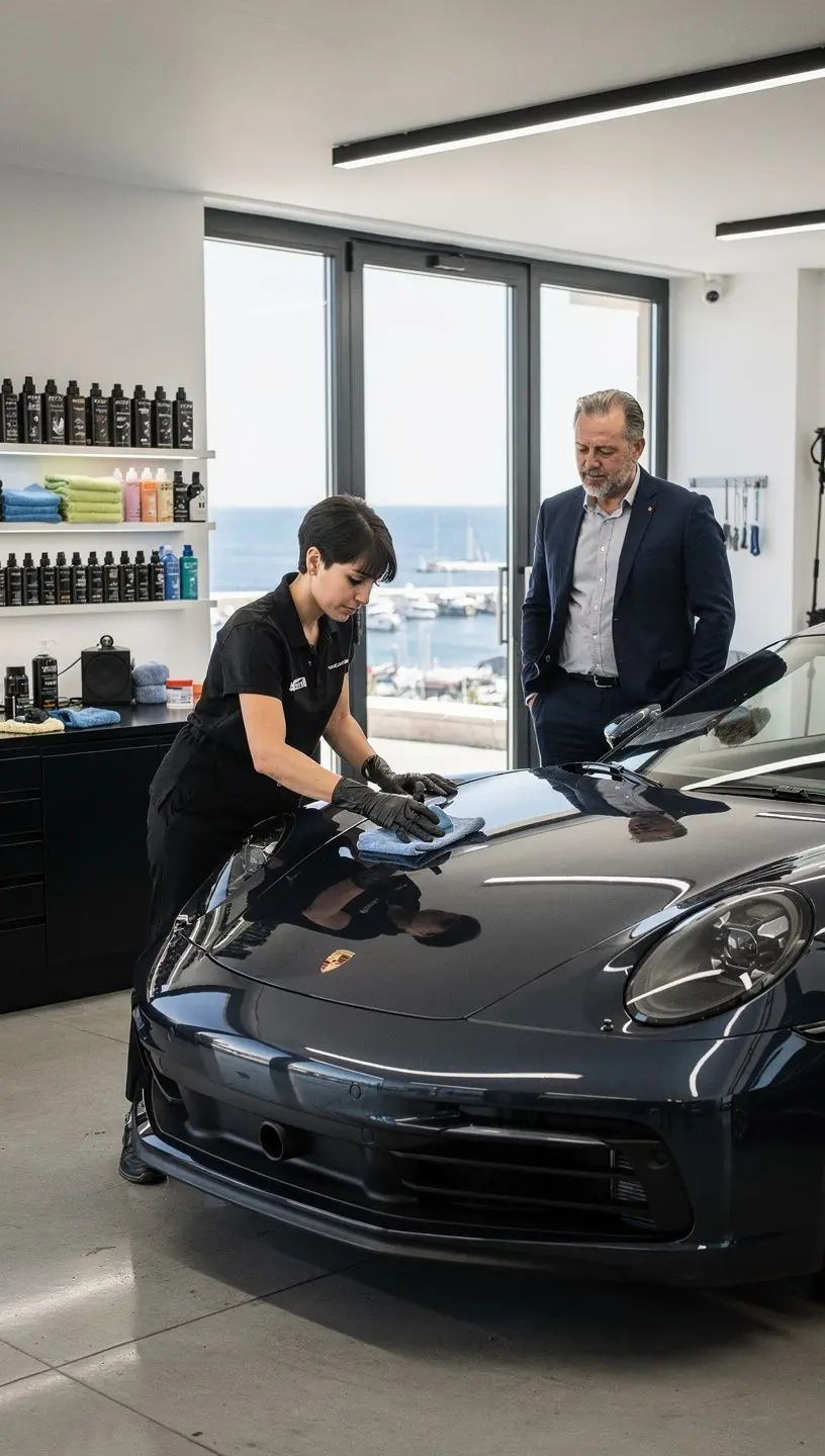 Présentation claire et transparente d’un devis de service pour une voiture de luxe européenne devant un client satisfait